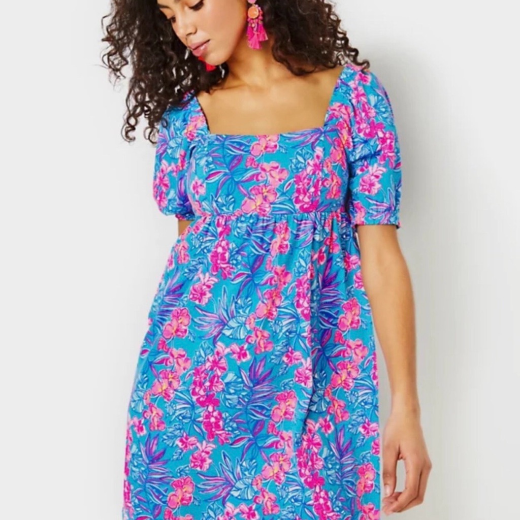 Lilly Pulitzer Turquoise Blue Floral Square-Neck Cover-Up Dress